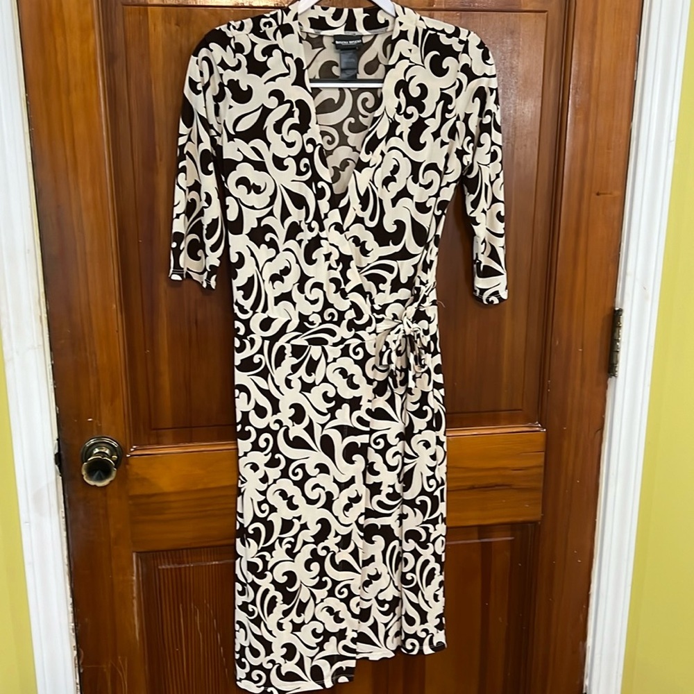 Brown and Beige Patterned Wrapped Dress By Bisou Bisco Michele Bohbot Size 4